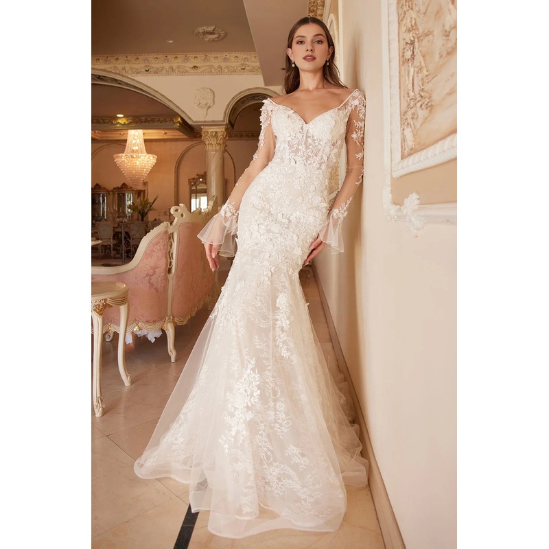 Flower embroidery white long sleeved lace wedding dress