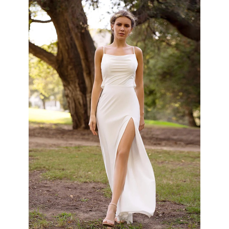 Ivory Spaghetti Straps Slip Bridesmaid Dress with Open Back and Slit