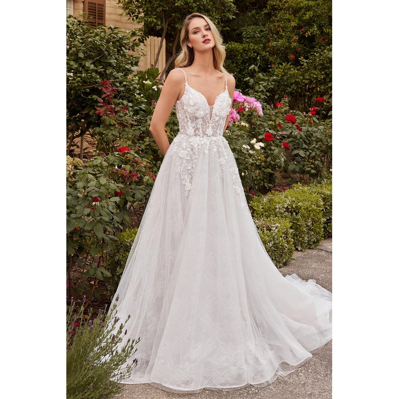 Lace long sleeveless V-neck tight corset wedding dress