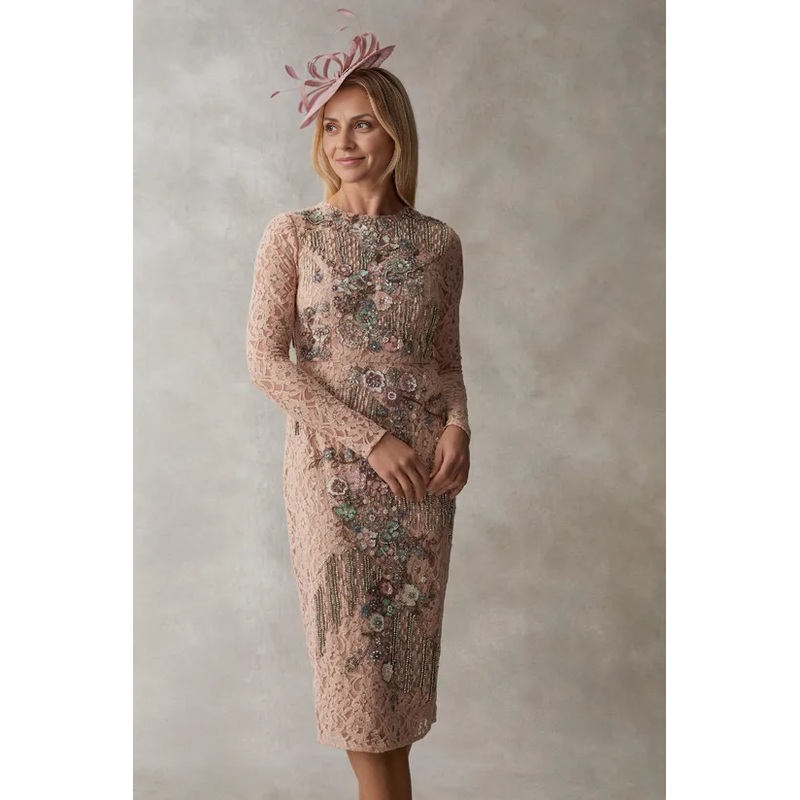 Lace Pencil Dress With Hand Embellishment Long Sleeves Wedding Guest Dresses Mother of the Bride Dresse