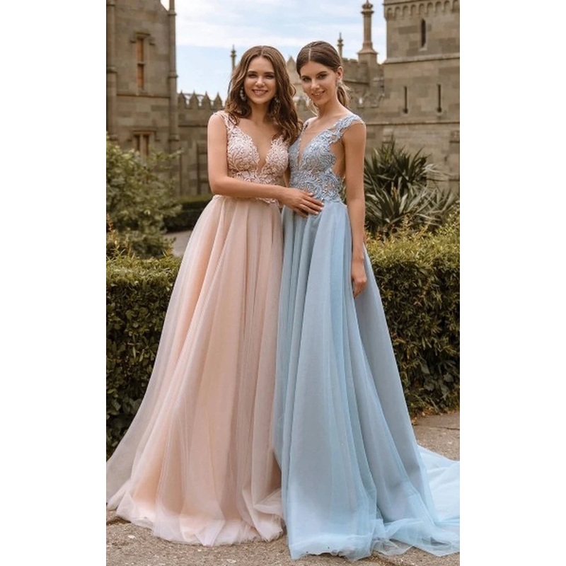 Lace V Neck Bridesmaid Dresses Sexy Illusion Back Tulle Dresses