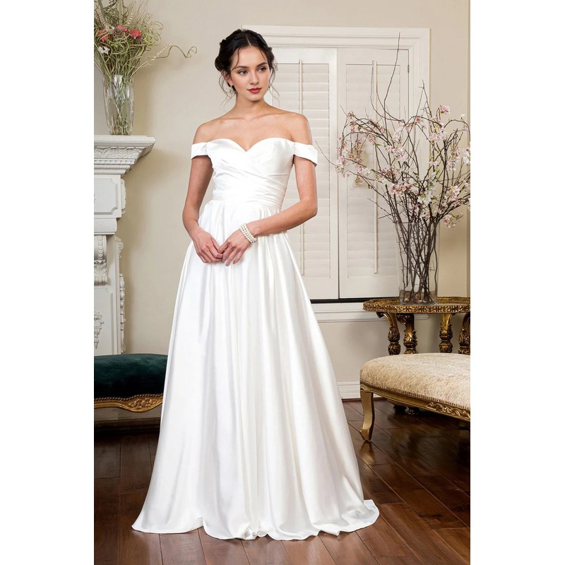 Long off shoulder satin wedding dress