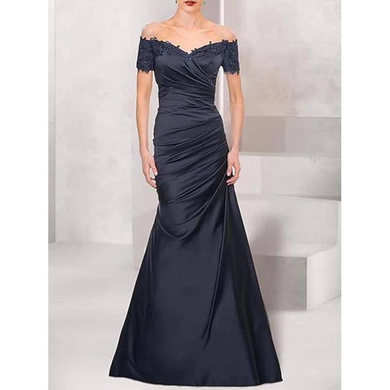 Mermaid Mother of The Bride Dress Wedding Guest Elegant Vintage Off Shoulder V Neck Satin with Lace Ruched Party dress Prom Dress Stores