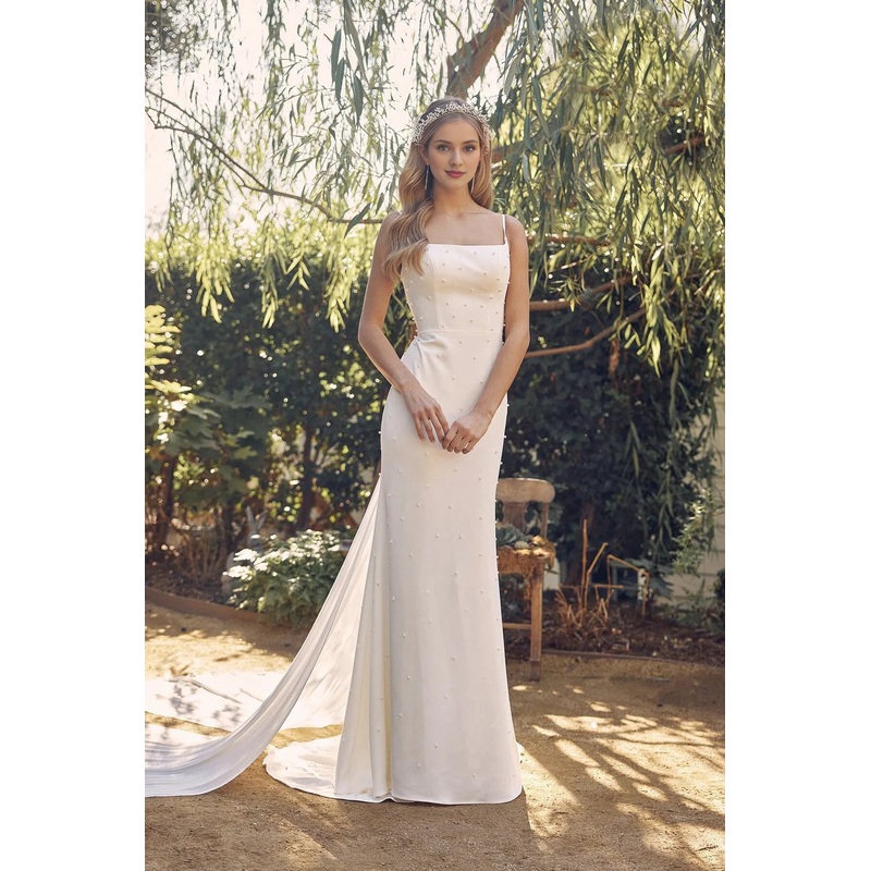 Pearl bead sleeveless white long wedding dress
