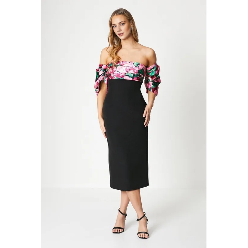 Printed Pleated Bardot Midi Dress Wedding Guest Dresses Cocktail Dresses