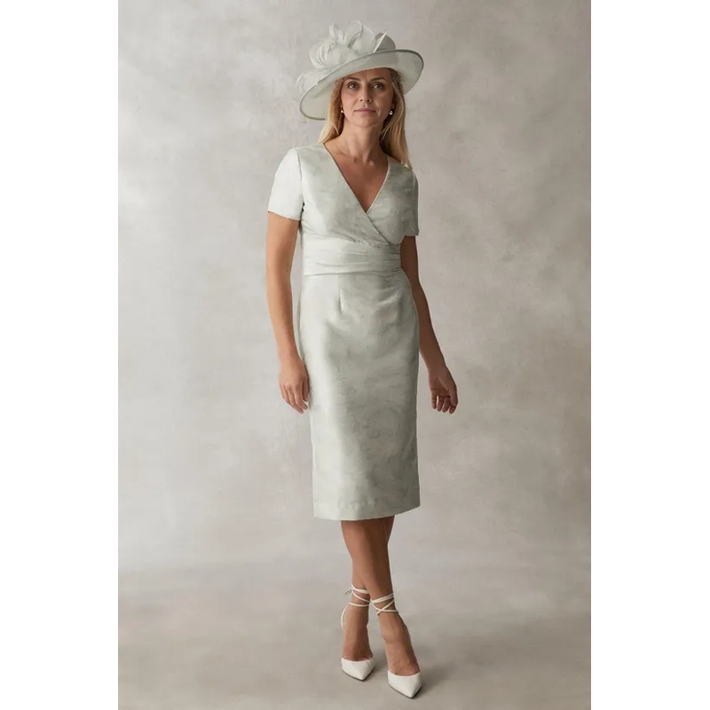 Satin Jacquard Pleat Detail V Neck Pencil Dress Wedding Guest Dresses Mother of the Bride Dresse
