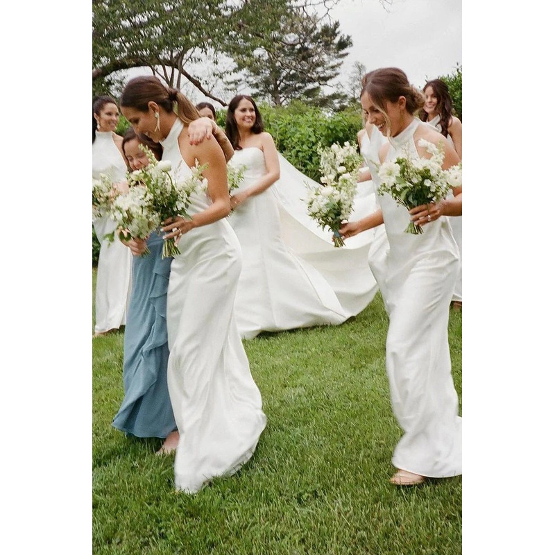 Sheath Halter White Silk Satin Long Bridesmaid Dresses