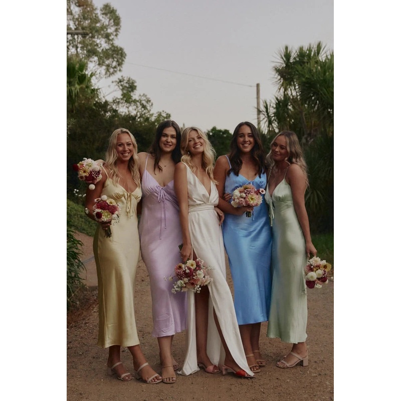 Sheath Silk Satin V Neck Ankle Length Bridesmaid Dresses with Straps