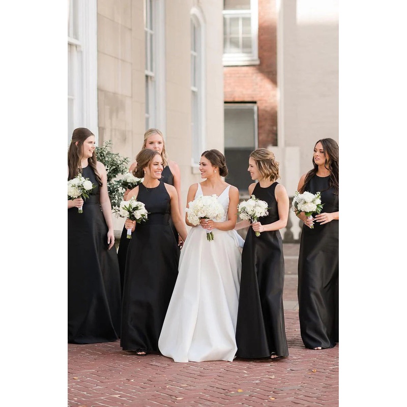 Simple A-Line Round Neck Black Satin Long Bridesmaid Dresses