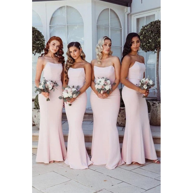 Simple Strapless Satin Cheap Long Bridesmaid Dresses