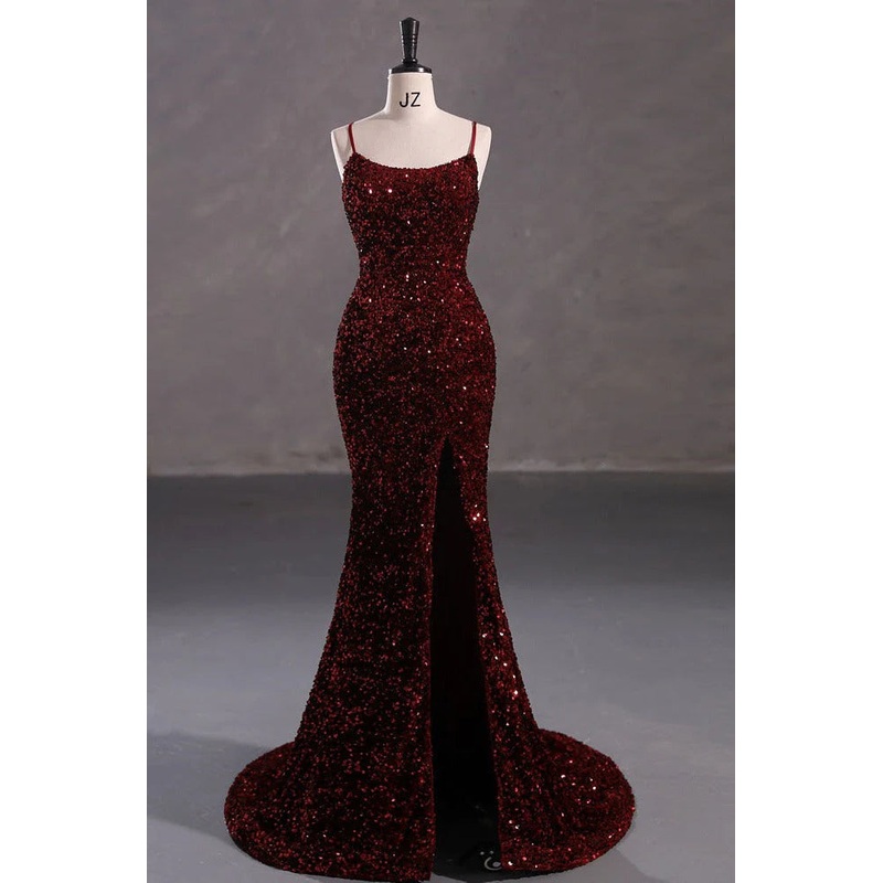 Slim Burgundy Shimmery Open Back Formal Prom Evening Dress
