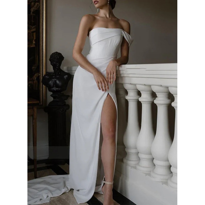 Tailored one shoulder sleeveless slit satin wedding dress