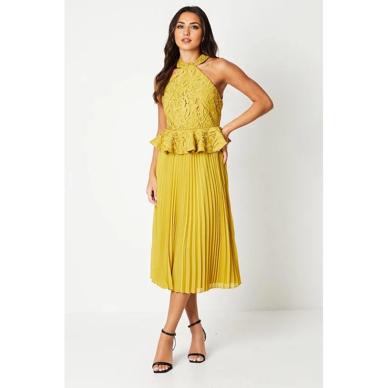 Twist Halter Neckline Pleated Tea length Midi Dress Wedding Guest Dresses