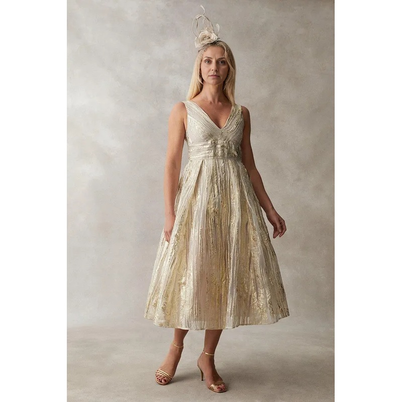 V Neck Metallic Jacquard A-Line Sleeveless Wedding Guest Dresses Cocktail Dresses
