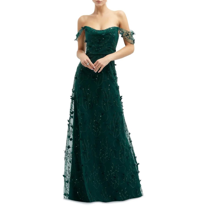 3D Embroidered Off the Shoulder Gown