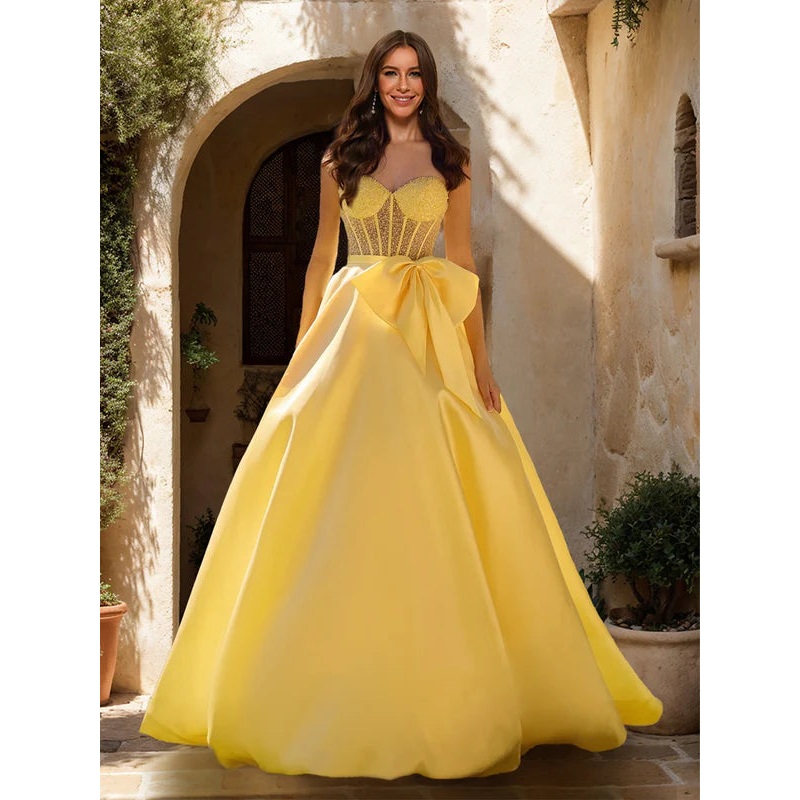 A-Line/Princess Sweetheart Sheer Corset Beaded Prom Dresses with Bow