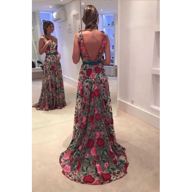 A Line Sleeveless Prom Embroidery Long Formal Dress with V Back
