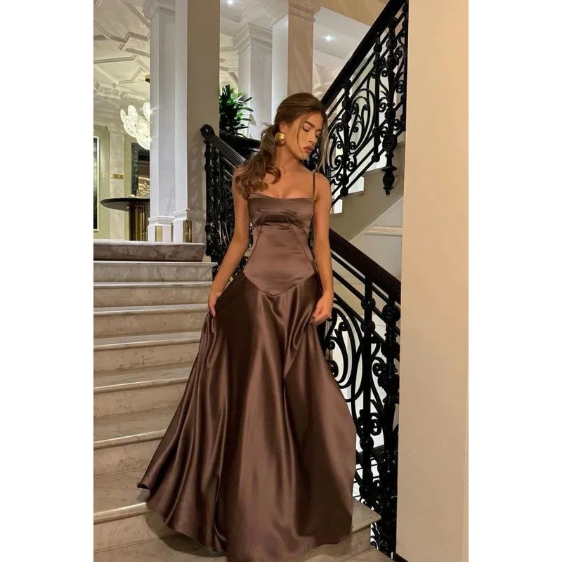 A Line Spaghetti Straps Brown Party Dress with Ruffles