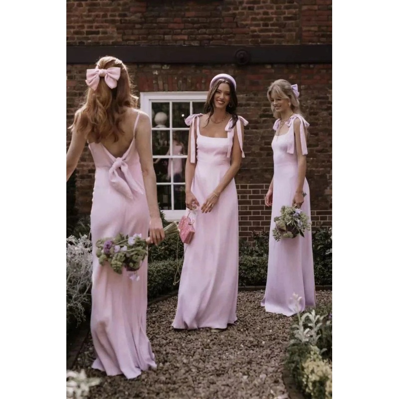 A Line Spaghetti Straps Pink Long Bridesmaid Dress with Bowknot