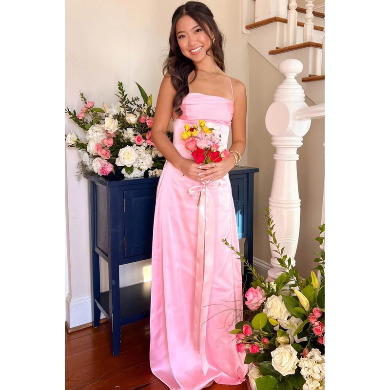 A Line Spaghetti Straps Pink Long Prom Dress with Backless