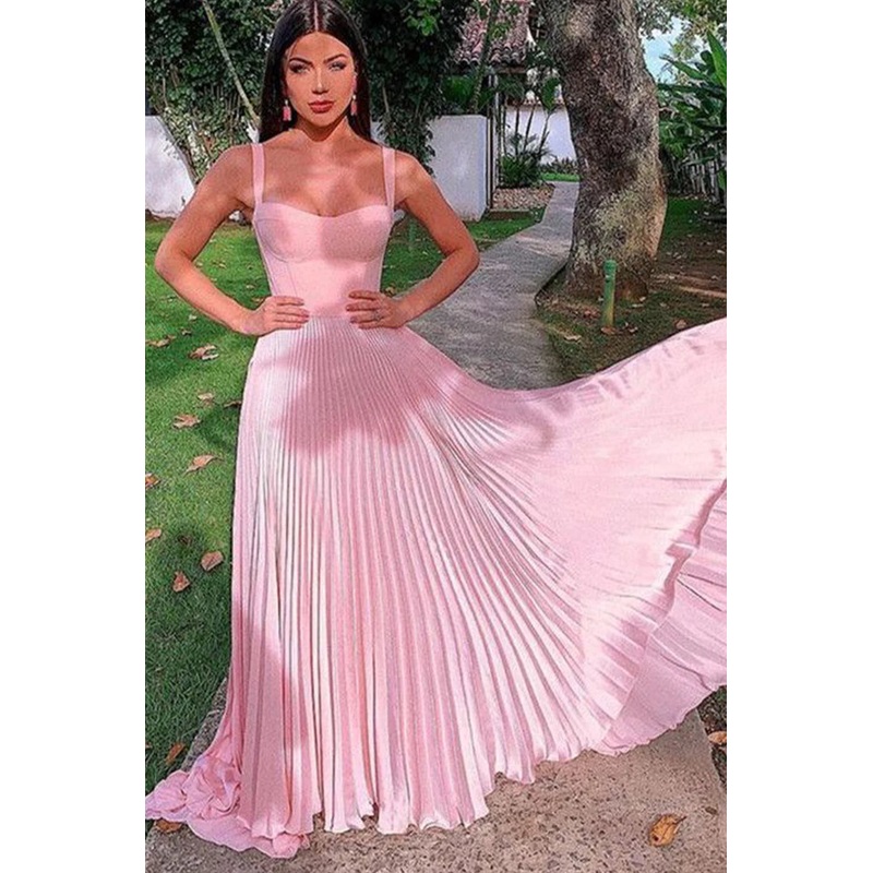 A Line Spaghetti Straps Pink Long Prom Dress with Ruffles