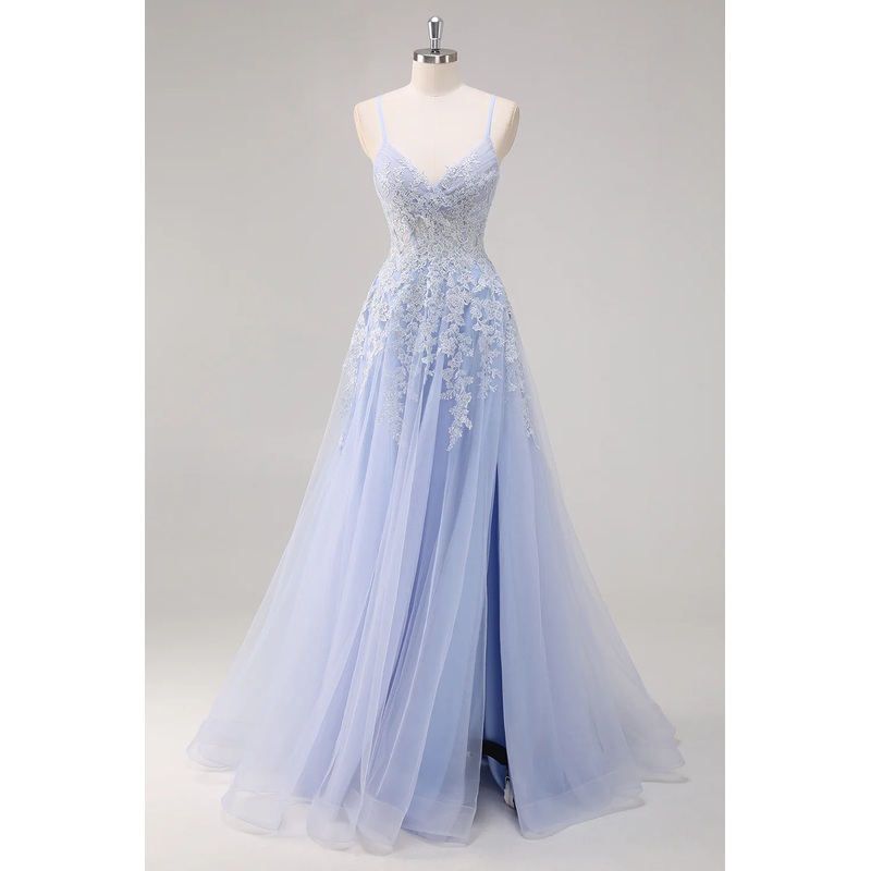 A Line Spaghetti Straps Tulle Beaded Long Prom Dress with Slit
