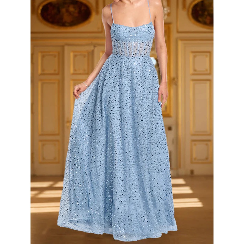 A-Line Straps Cowl Neck Sequin Prom Dresses with Split Side