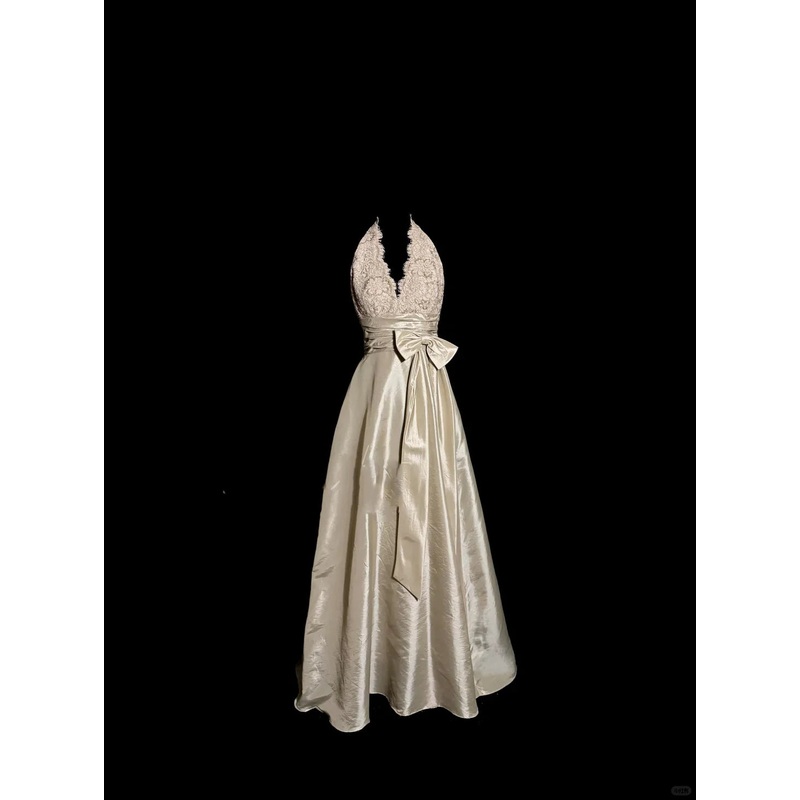 A line V Neckline Champagne Lace Prom Gown Fairy Prom Dresses
