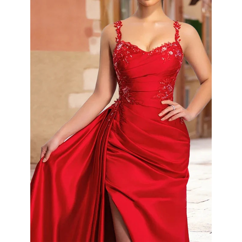 Mermaid Straps Pleated Prom Dresses with Sequin Appliques