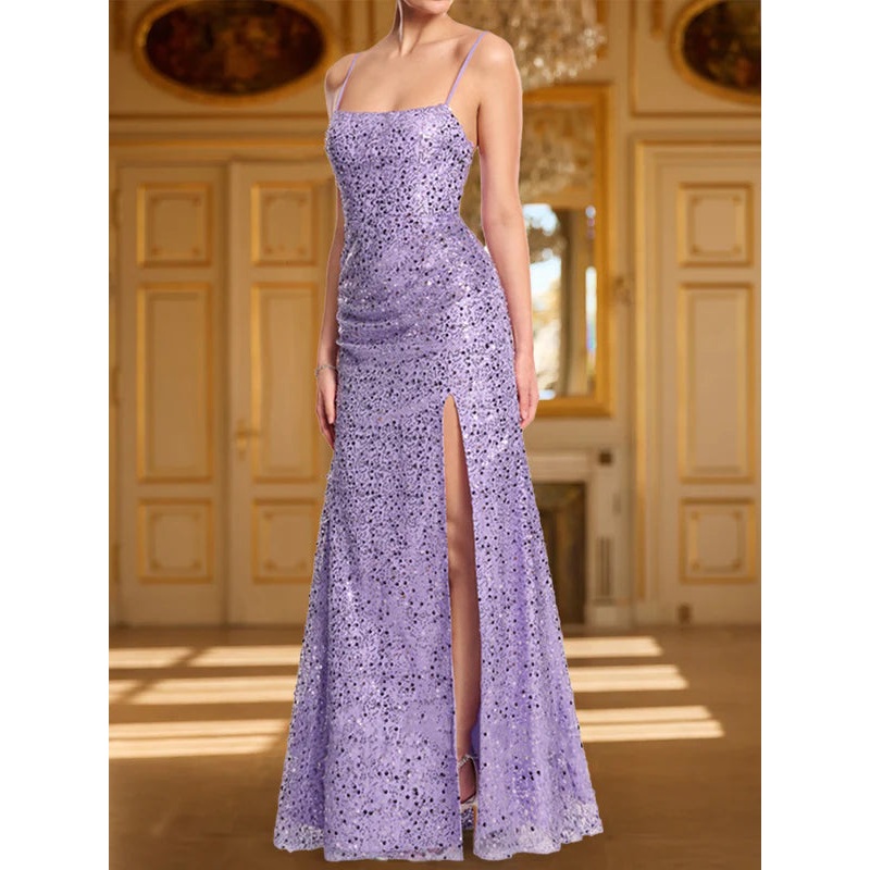 Sheath Straps Fitted Sequin Prom Dresses with Split Side