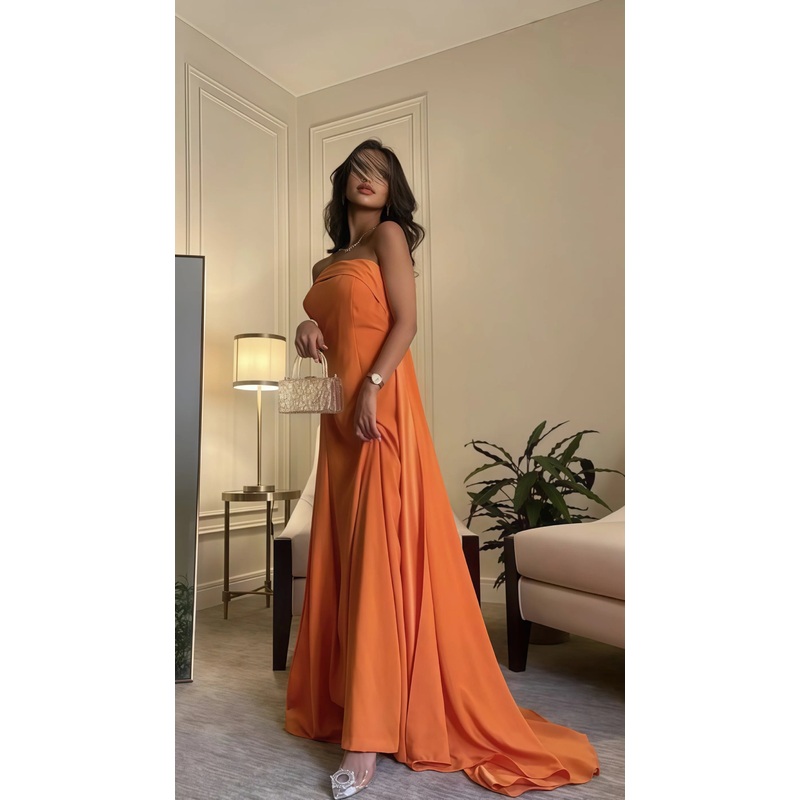 Strapless Orange A-Line Prom Dress Sleeveless Long Evening Dress