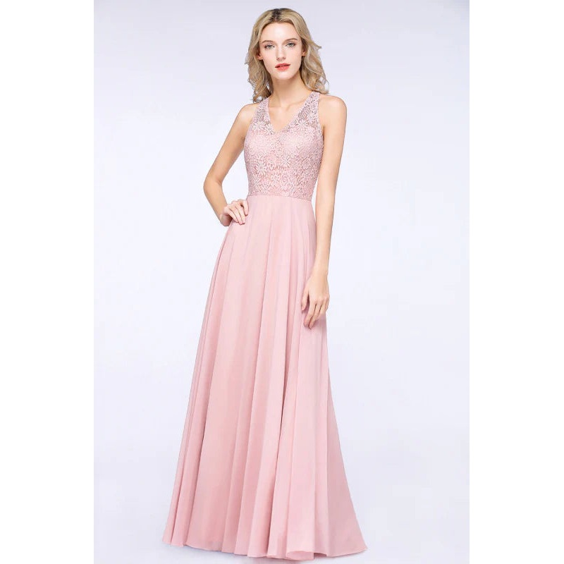 V-Neck Lace Aline Bridesmaid Dresses Chiffon