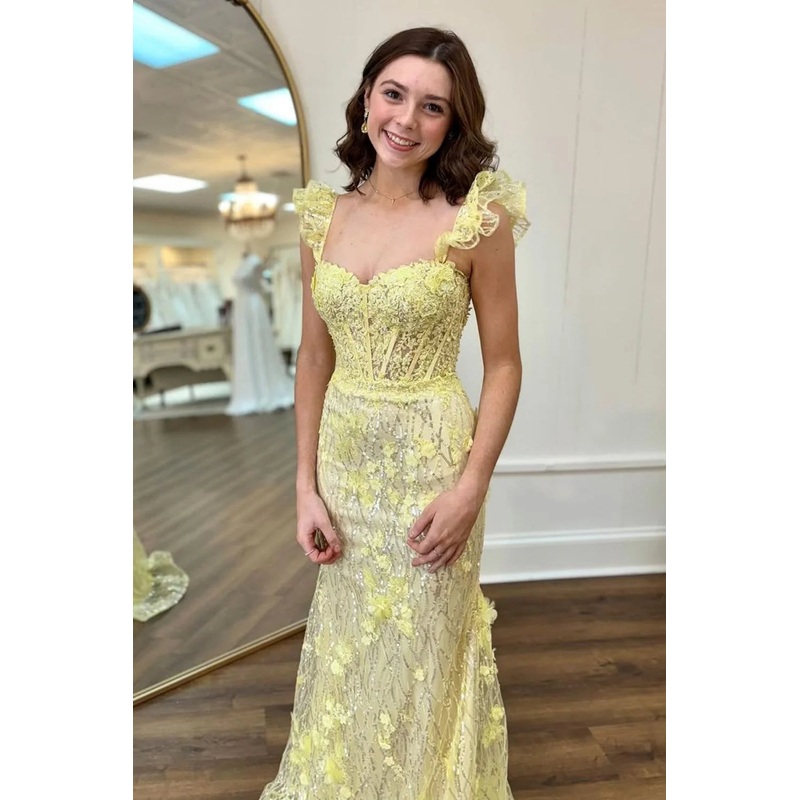 Yellow Mermaid Long Glitter Prom Party Dress with Appliques